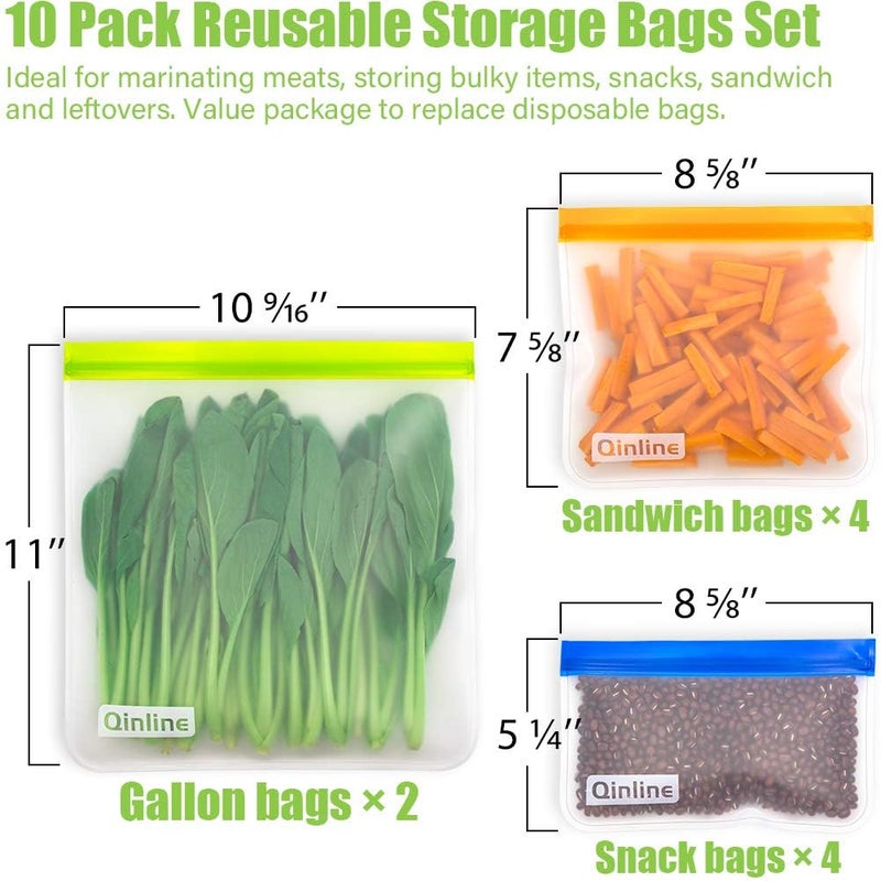 Qinline Reusable Food Storage Bags - 10 Pack Freezer Bags, Reusable Bags Silicone, Extra Thick Leakproof Reusable Lunch Bag for Salad Fruit Snack Travel - 2 Gallon 4 Sandwich 4 Snack Bags - Image 2